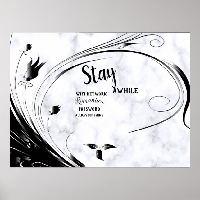 White Marble, Black Filigree Graphic Poster (Front)