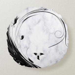 White Marble, Black Filigree Graphic Round Cushion