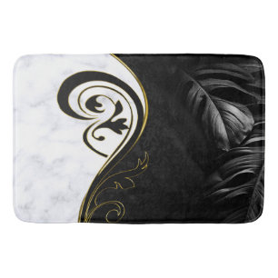 White Marble, Black,Gold Filigree Graphic Bath Mat