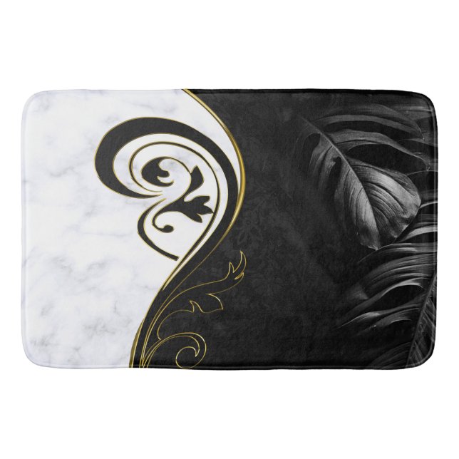 White Marble, Black,Gold Filigree Graphic Bath Mat (Front)