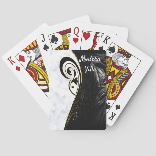 White Marble, Black, Gold Filigree Graphic Playing Cards (Back)
