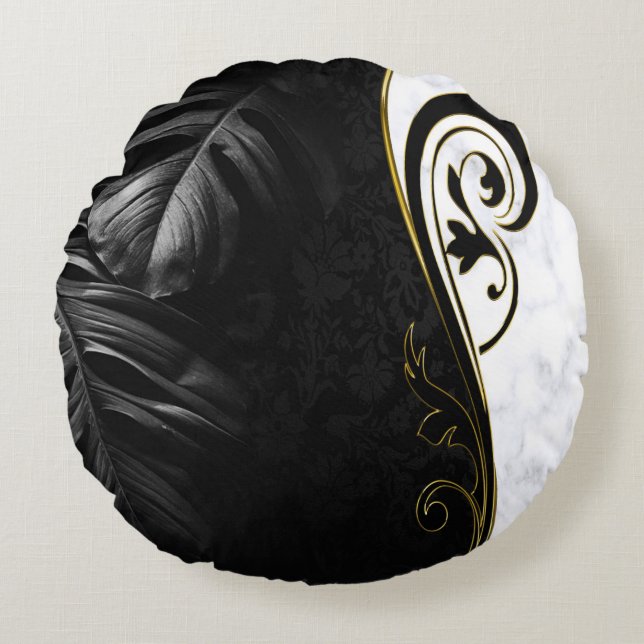 White Marble, Black, Gold Filigree Round Cushion (Front)
