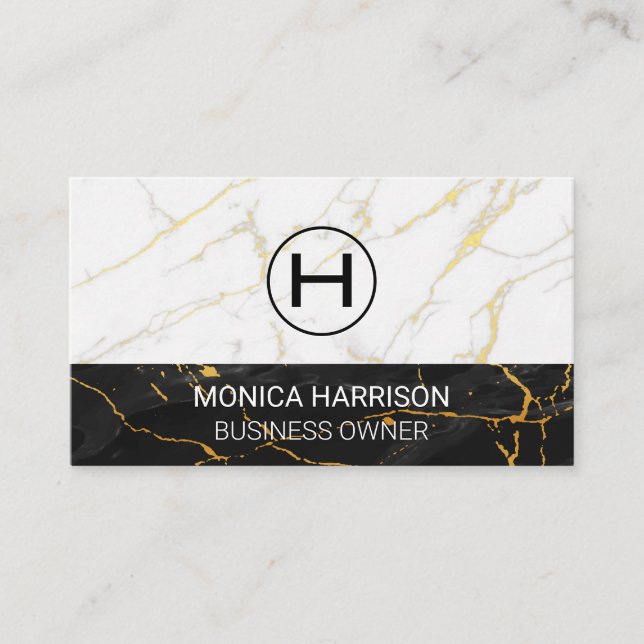 White Marble | Black Gold Marble Business Card (Front)