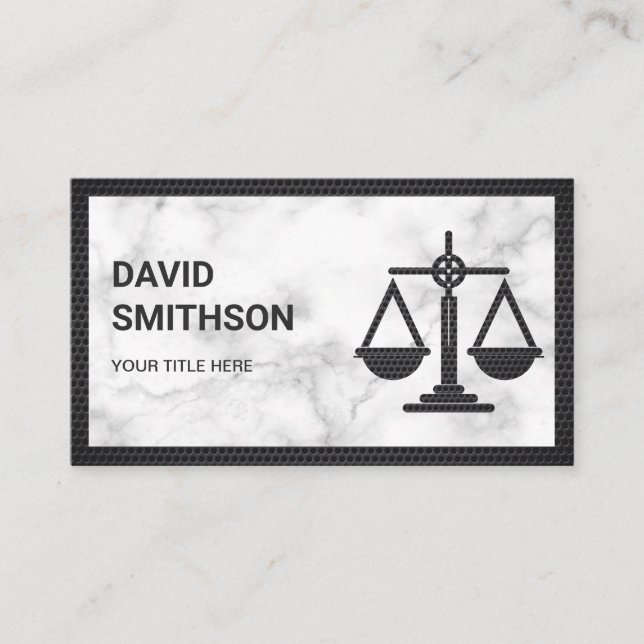 White Marble Black Justice Scale Lawyer Attorney Business Card (Front)