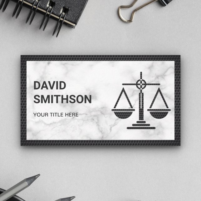 White Marble Black Justice Scale Lawyer Attorney Business Card (Creator Uploaded)
