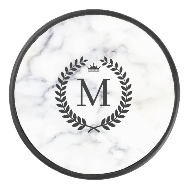 White Marble Black Laurel Wreath Monogram Hockey Puck (Front)