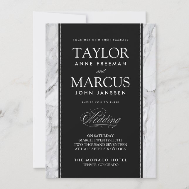 White Marble Black Tie Formal Wedding Invitation (Front)