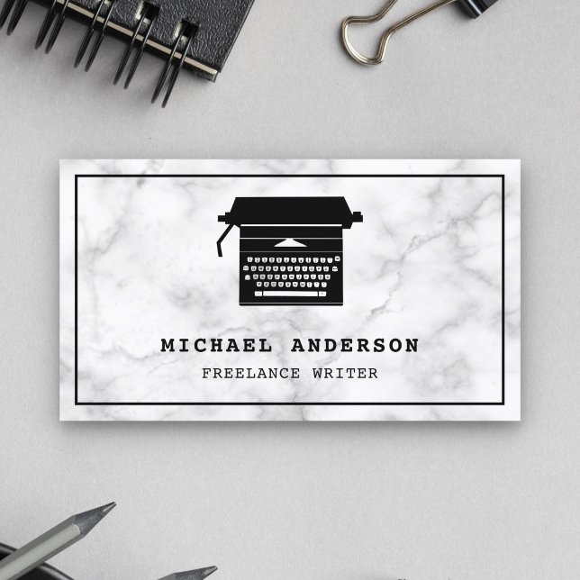 White Marble Black Typewriter Professional Writer Business Card (Creator Uploaded)