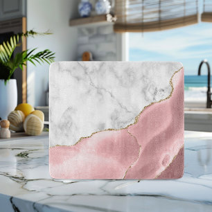 White Marble Blush Pink Agate Gold Glitter Cutting Board