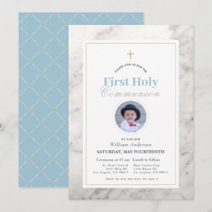 White Marble Boy Photo First Holy Communion Invitation
