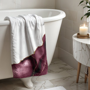 White Marble Burgundy Agate Gold Glitter Bath Towel