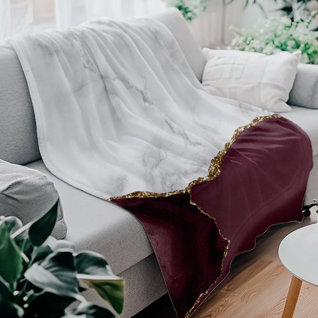 White Marble Burgundy Agate Gold Glitter Fleece Blanket (Creator Uploaded)
