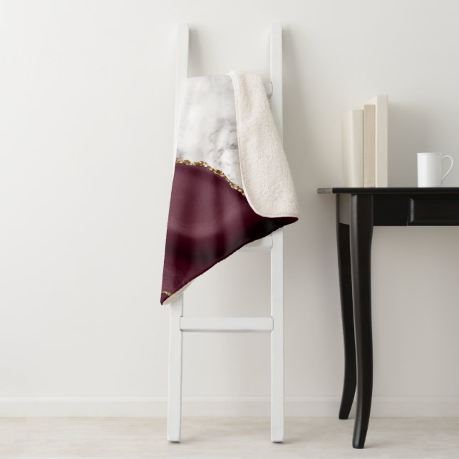 White Marble Burgundy Agate Gold Glitter Sherpa Blanket (In Situ)