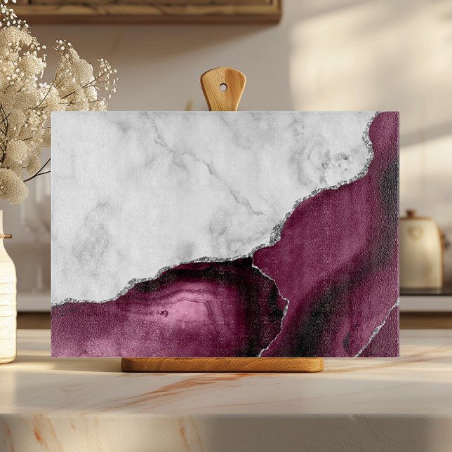 White Marble Burgundy Agate Silver Glitter Cutting Board (Creator Uploaded)