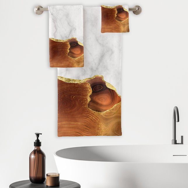 White Marble Burnt Orange Agate Gold Foil Glitter Bath Towel Set (Creator Uploaded)