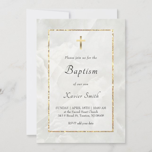 white marble catholic Baptism Invitation (Front)