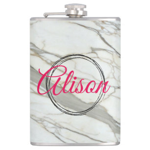 White marble chic fuchsia design custom name hip flask