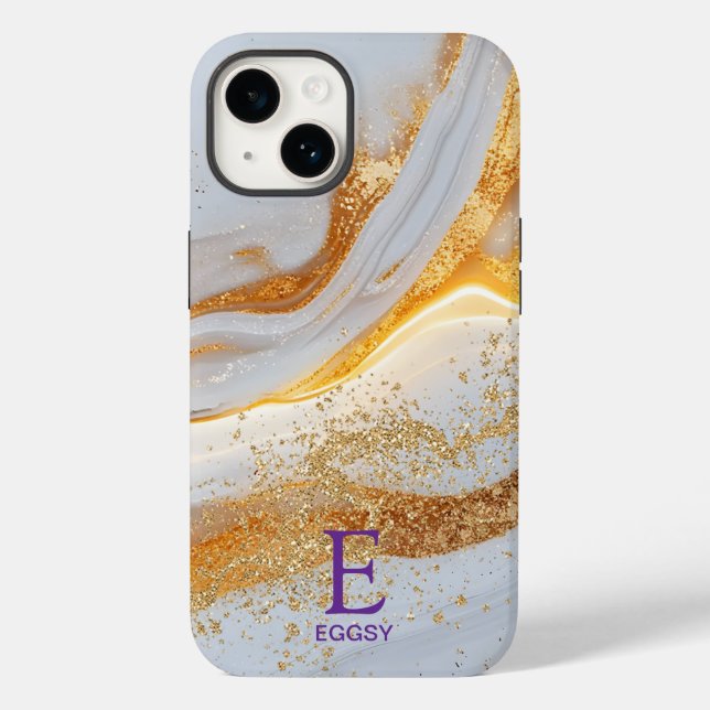 White marble chic gold glitter monogram Case-Mate iPhone case (Back)
