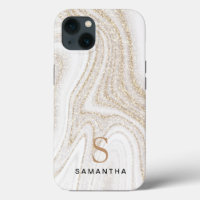 White marble chic gold glitter monogram Case-Mate