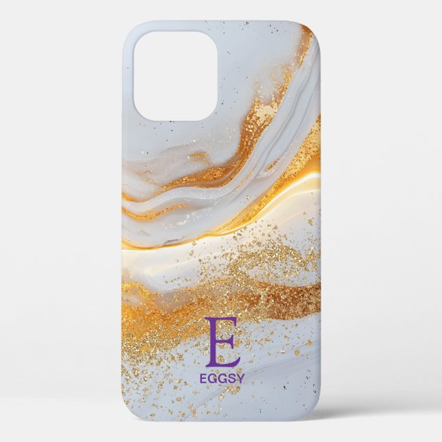 White marble chic gold glitter monogram Case-Mate iPhone case (Back)