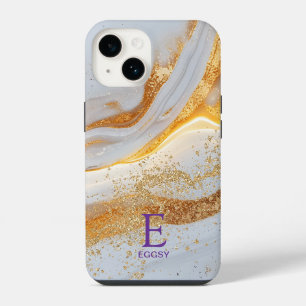 White marble chic gold glitter monogram iPhone 14 case