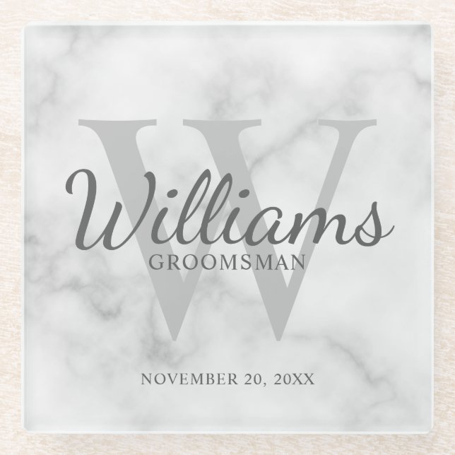 White Marble Classic Script Personalised Groomsmen Glass Coaster (Front)