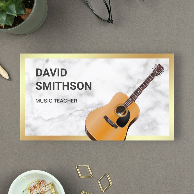 White Marble Classy Guitar Music Teacher Guitarist Business Card (Creator Uploaded)