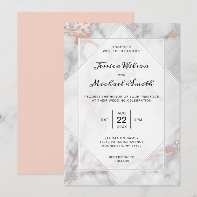 White Marble Coral Pink Elegant Rose Gold Wedding Invitation (Front/Back)