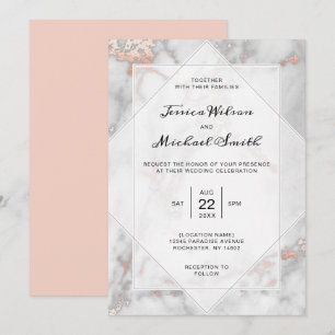 White Marble Coral Pink Elegant Rose Gold Wedding Invitation