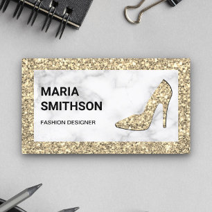 White Marble Cream Gold Glitter High Heels Business Card