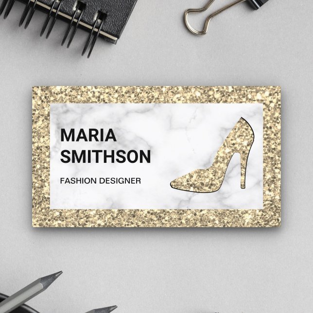 White Marble Cream Gold Glitter High Heels Business Card (Creator Uploaded)