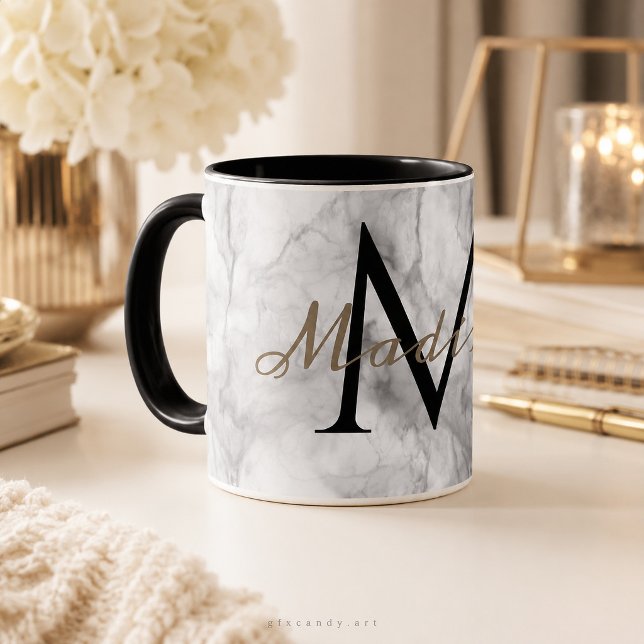 White Marble Custom Name Monogram Mug (Personalized white marble mug with black monogram M and gold Madison.)