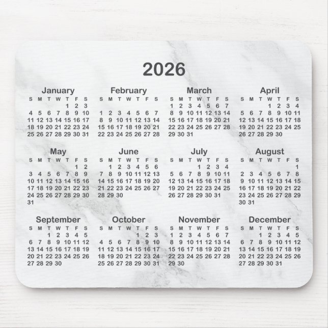 White Marble Dark Grey 2026 Calendar Mouse Mat (Front)