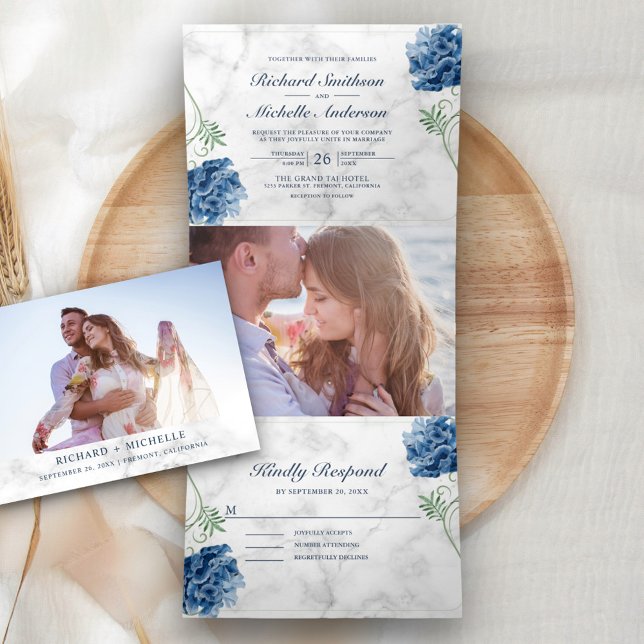 White Marble Dusty Blue Hydrangea Floral Wedding Tri-Fold Invitation (Creator Uploaded)