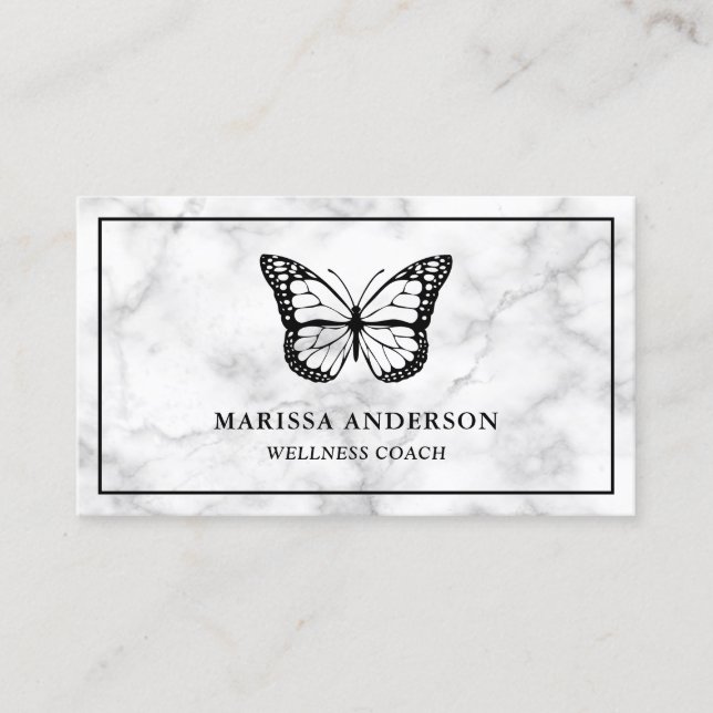 White Marble Elegant Black Butterfly Business Card (Front)