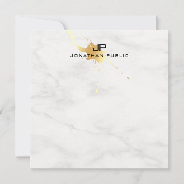 White Marble Elegant Gold Splash Modern Monogram Card (Front)