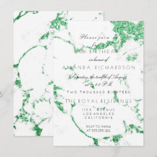 White Marble Emerald Grass Green Glitter Birthday Invitation