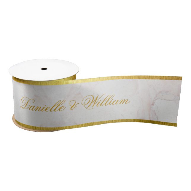 White Marble Faux Gold Elegant Calligraphy Wedding Satin Ribbon (Spool)