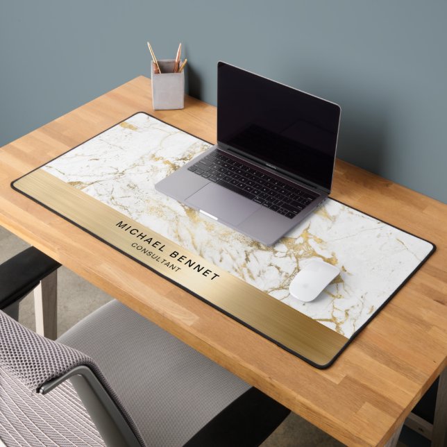 White Marble Faux Gold Metallic Business Desk Mat (Office 2)