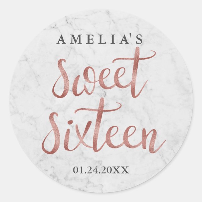 White Marble Faux Rose Gold Sweet Sixteen Sticker (Front)