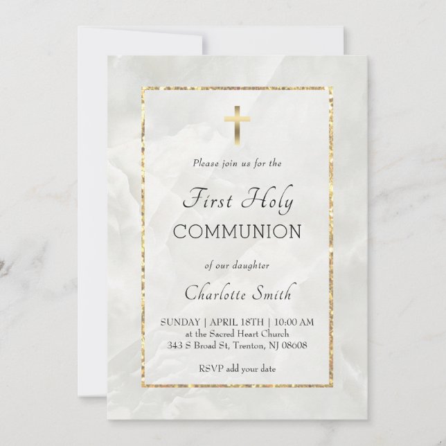 white marble First Communion Invitation (Front)