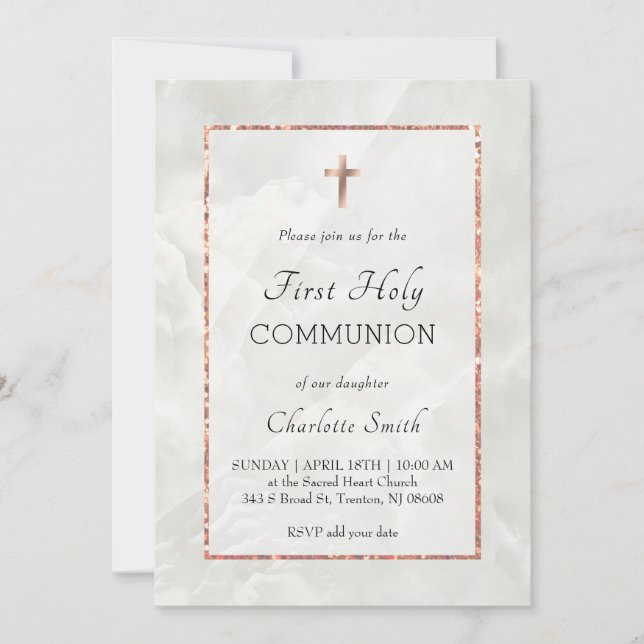 white marble First Holy Communion Invitation (Front)