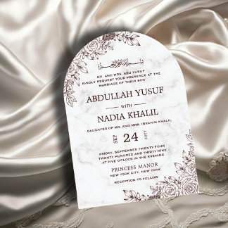 White Marble Floral Lace Islamic Arch Wedding Invitation