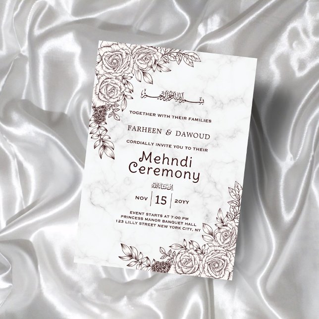 White Marble Floral Lace Islamic Mehndi Ceremony Invitation (Creator Uploaded)