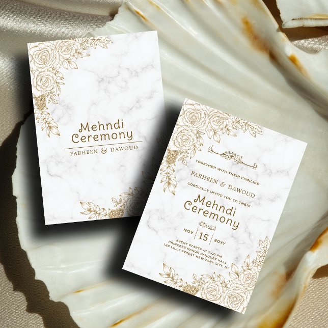 White Marble Floral Lace Islamic Muslim Mehndi Invitation (Creator Uploaded)