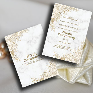 White Marble Floral Lace Islamic Muslim Nikah Wedd Invitation