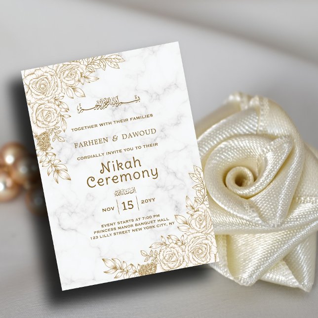 White Marble Floral Lace Islamic Muslim Nikah Wedd Invitation (Creator Uploaded)