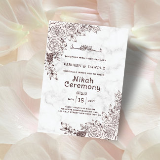 White Marble Floral Lace Islamic Nikah Ceremony Invitation