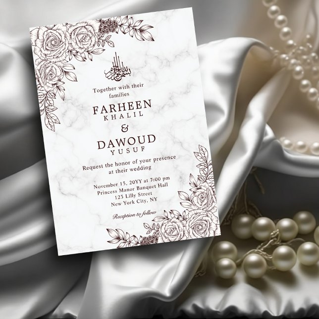 White Marble Floral Lace Islamic QR Code Wedding Invitation (Creator Uploaded)