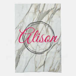 White marble , fuchsia custom name tea towel